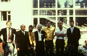 1972 Novosibirsk - B.A.Trakhtenbrot with (to the right) Mike Paterson, Lev Leifman, Gary Miller, David Luckham, Janis Barzdins